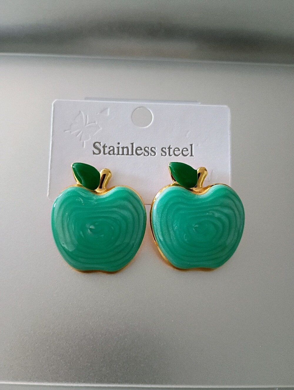 New Green Apple Enamel Stud Earrings - Stainless Steel